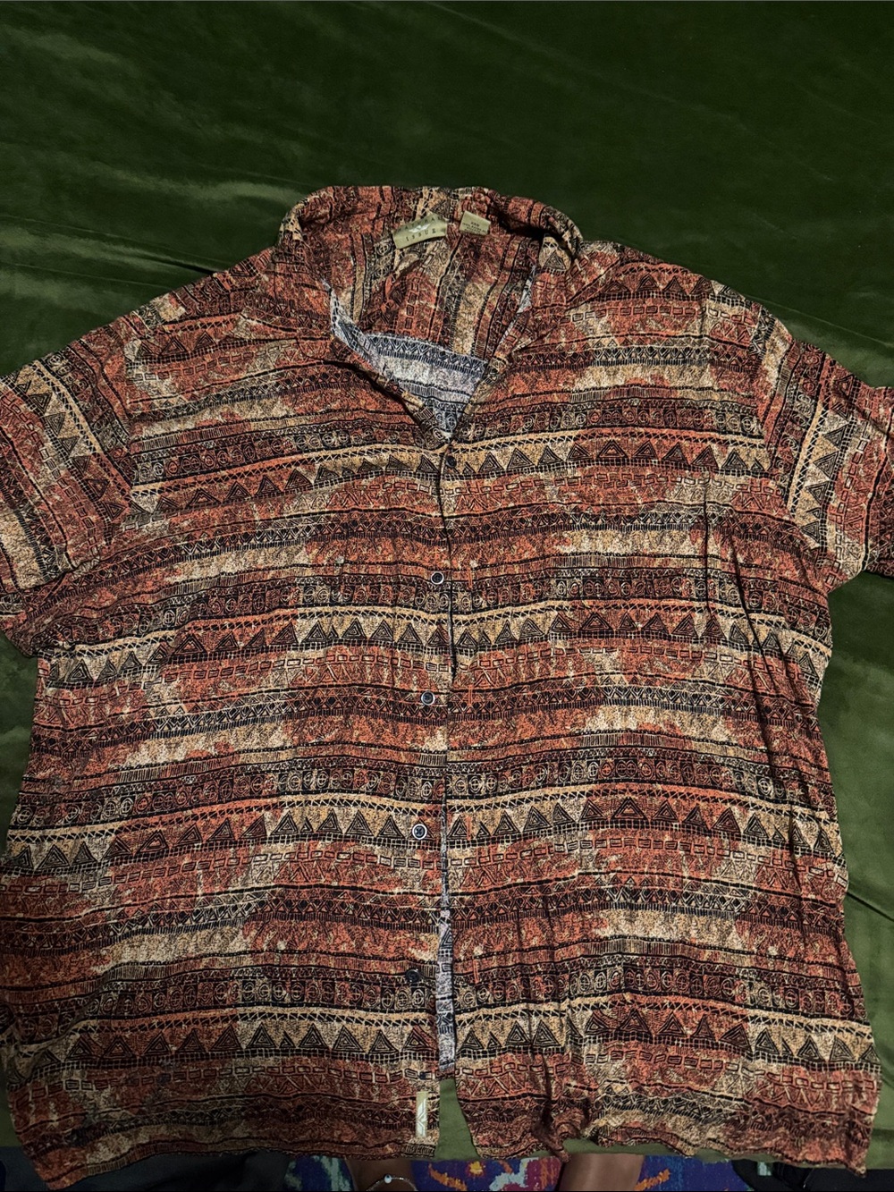 Rust and Beige Patterned Short Sleeve Button-Up Shirt